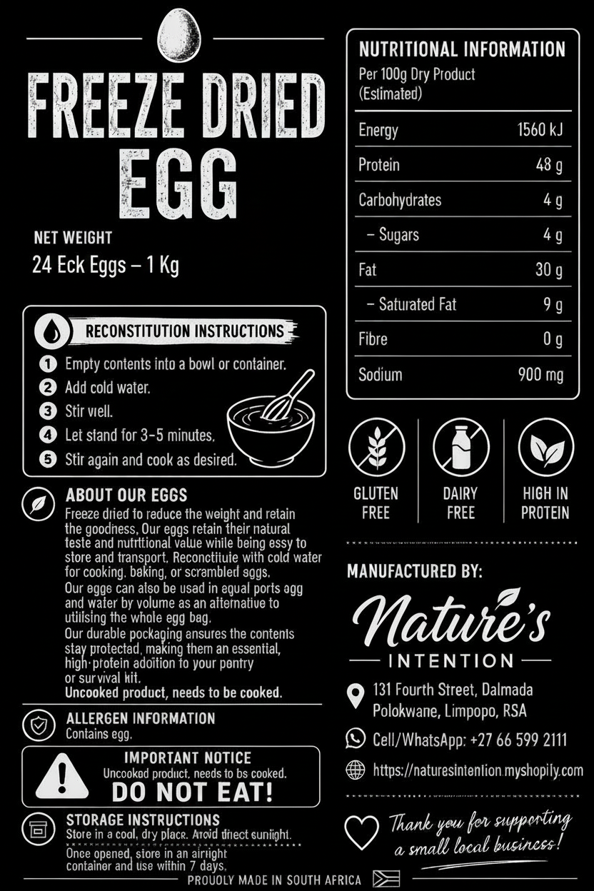 Label for freeze-dried eggs with nutritional information, reconstitution instructions, and branding details.