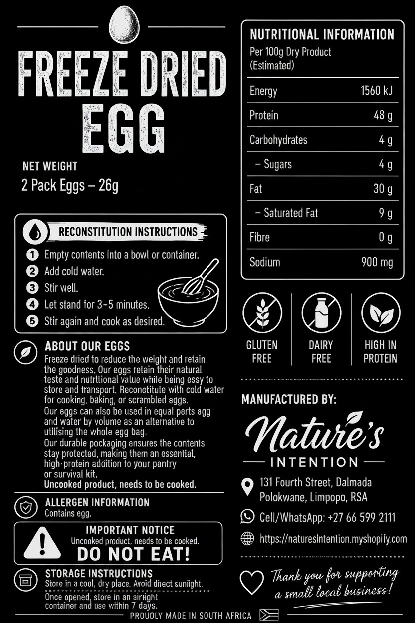 Label for freeze-dried eggs with nutritional information, reconstitution instructions, and branding details.
