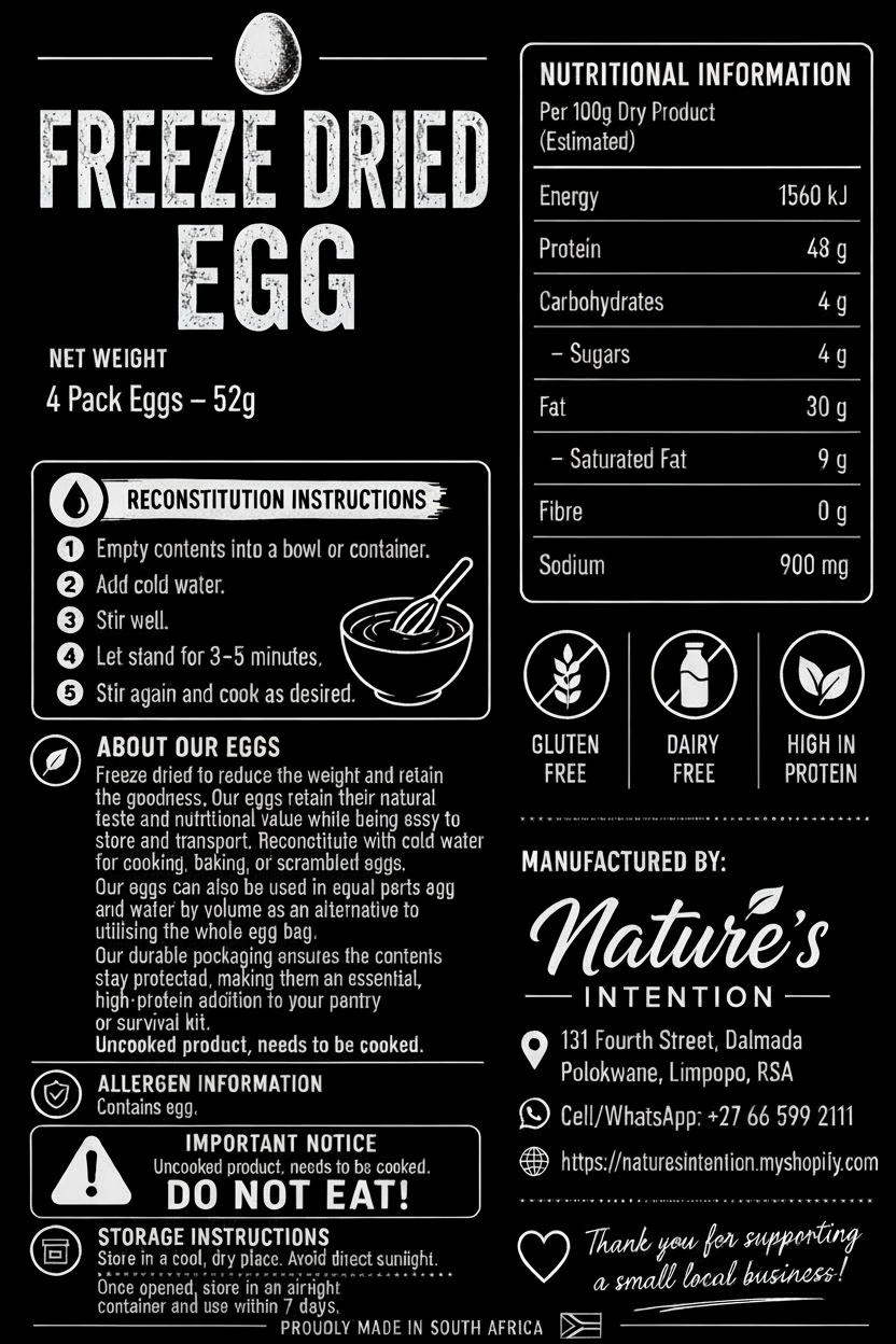 Label for freeze-dried eggs with nutritional information, reconstitution instructions, and branding details.