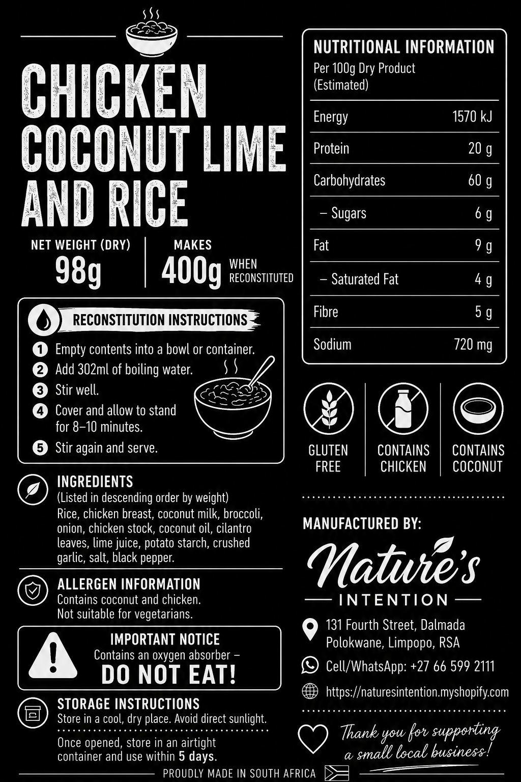 Chicken Coconut Lime and Rice - Freeze Dried Ready to Eat Meal