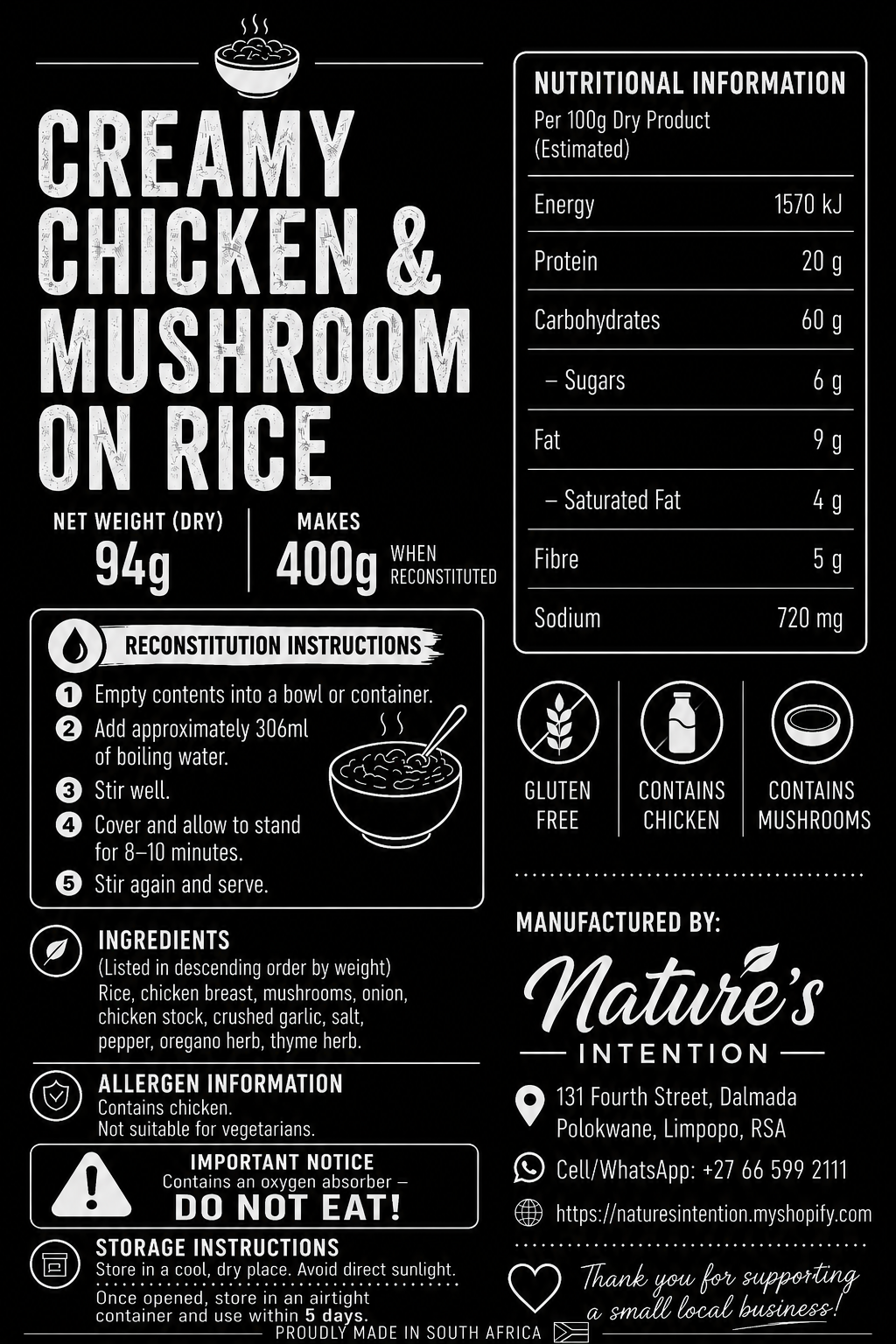Creamy Chicken & Mushroom on Rice - Freeze Dried Ready to Eat Meal