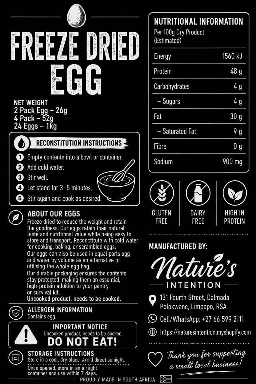 Nutritional information and reconstitution instructions for freeze-dried eggs on a black background.