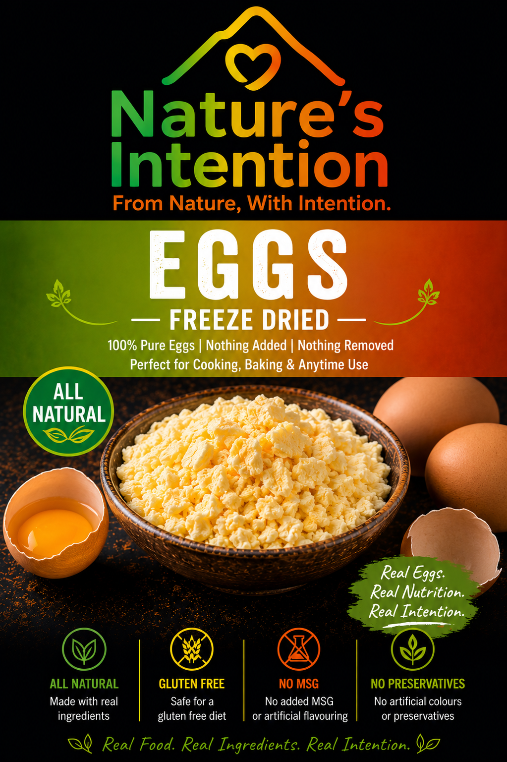 Freeze dried eggs, available in 2 eggs pack, 4 eggs pack for hikers or a 1kg pack for Survival Food kits