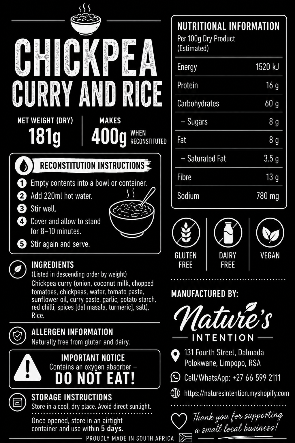 Chickpea curry and Rice 400g hiking meal