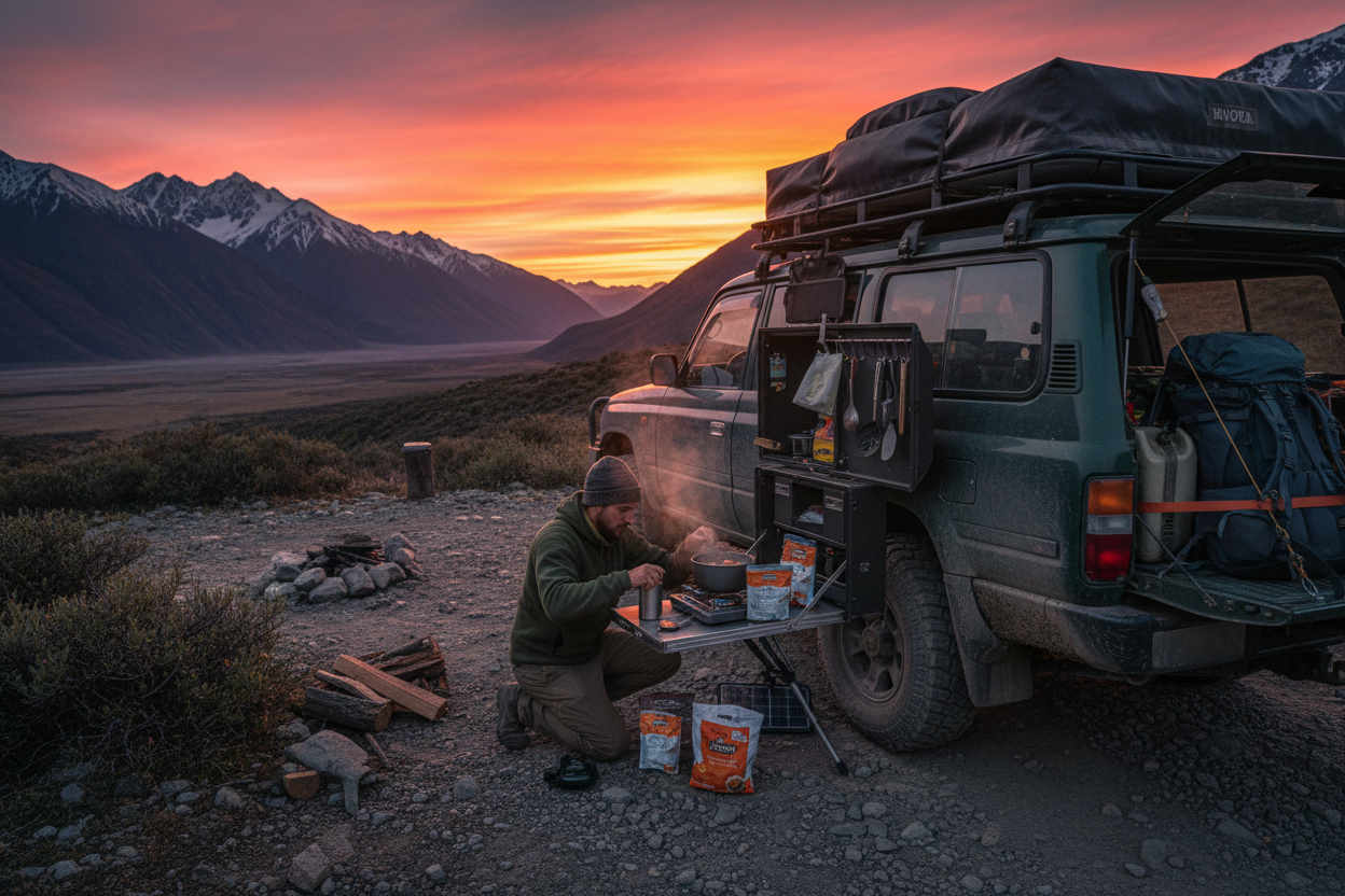 Overland vehicle adventure with freeze-dried meal prep